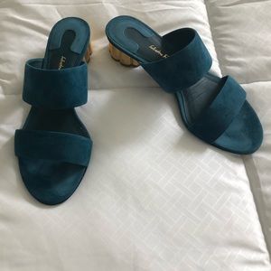 Ferragamo Teal Blue Suede Sandals size 7